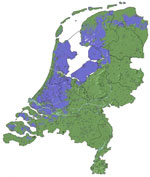 Waarden Actueel Hoogtebestand Nederland: boven (groen) en onder (paars) zeeniveau.